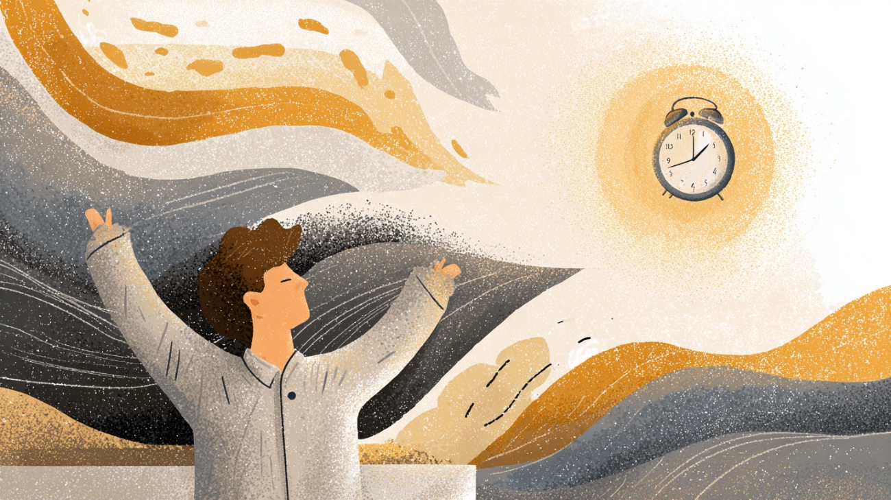 Person stretching awake with alarm clock illustration