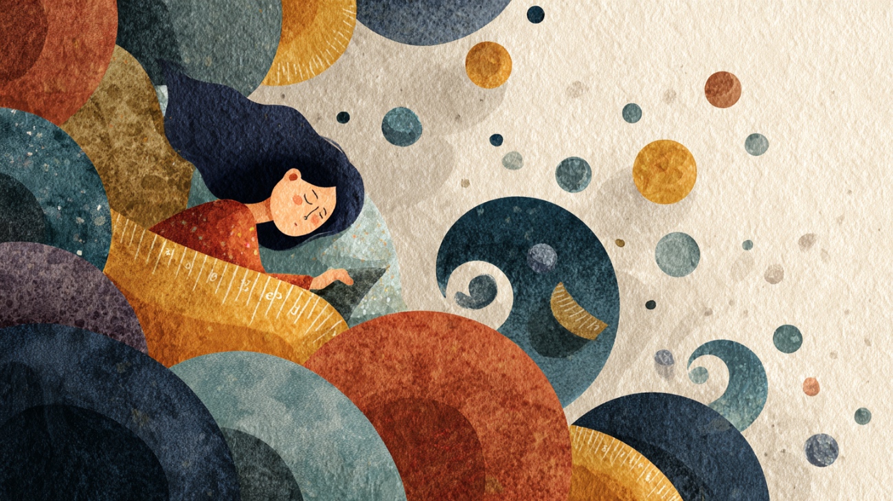 Person sleeping through circular sleep cycle waves illustration